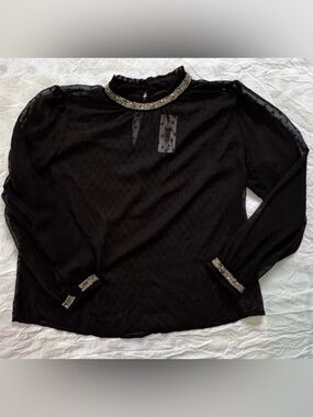 Sheer Patterned Black Blouse with Silver Bead Detail